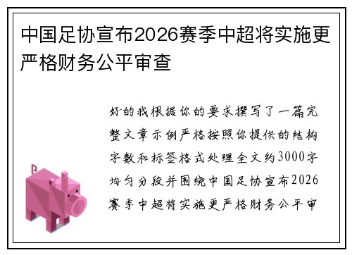 中国足协宣布2026赛季中超将实施更严格财务公平审查 中国足协宣布2026赛季中超将实施更严格财务公平审查