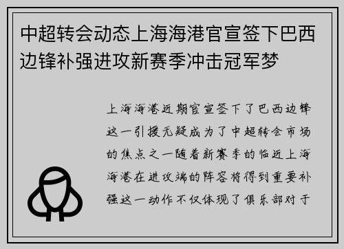 中超转会动态上海海港官宣签下巴西边锋补强进攻新赛季冲击冠军梦